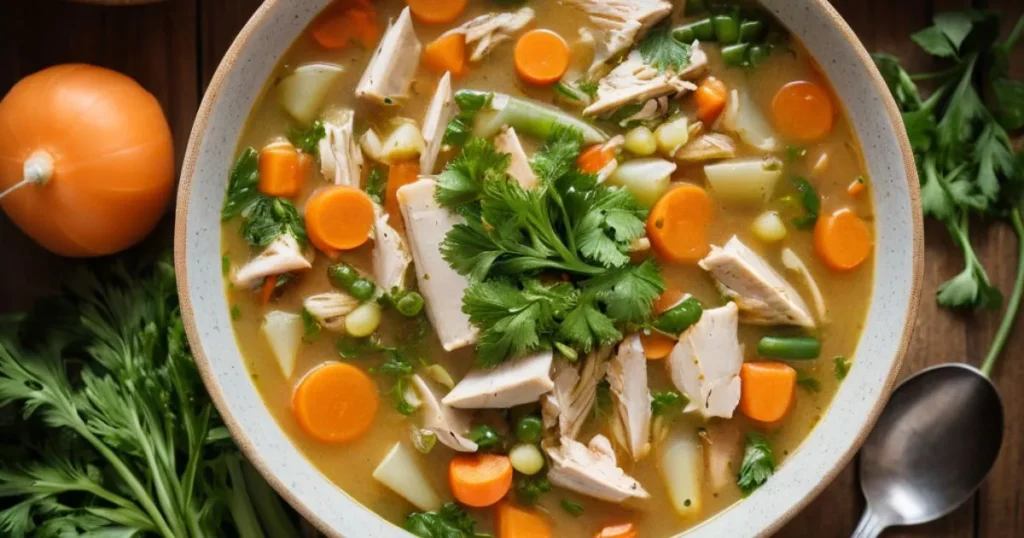 Delicious bowl of chicken and vegetable soup, featuring tender chicken pieces, colorful vegetables, and fresh herbs, served in a rustic setting