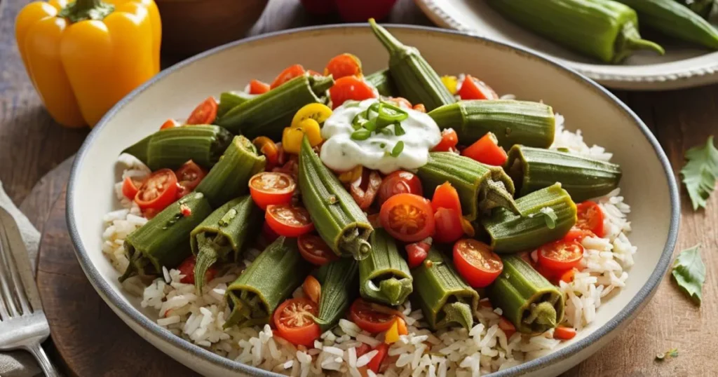 5 simple steps to Smothered Okra for a Delicious Side Dish, with seasoned vegetables, onion, tomatoes, green bell pepper, and garnished with fresh herbs