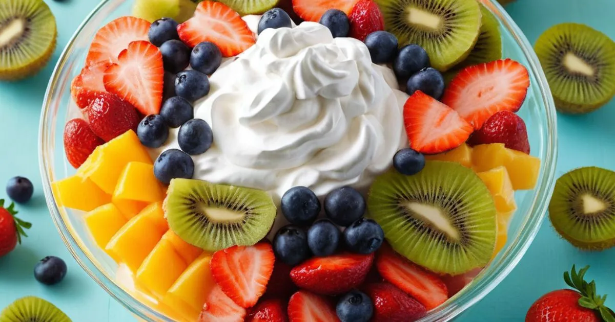 refreshing fruit salad with Cool Whip. The salad should be beautifully arranged in a large, clear glass bowl, showcasing a colorful medley of fresh fruits such as strawberries, blueberries, melon, kiwi, and pineapple. The Cool Whip should be generously folded into the fruit, creating a creamy texture that glistens in the light. Include a few decorative elements like mint leaves on top for a pop of color. The background should be a soft, neutral color to accentuate the colors of the fruit salad, and the scene should evoke a cheerful and summery atmosphere, suggesting it's perfect for a gathering or a light dessert.