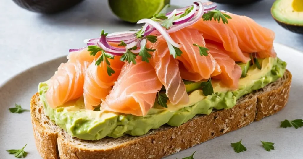 Avocado on Toast topped with smoked salmon, red onion, garnished with fresh herbs.