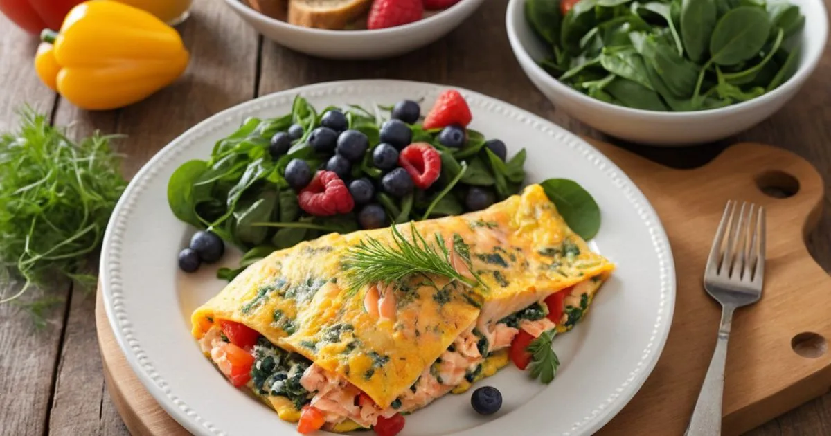 salmon omelette filled with diced vegetables and fresh herbs, accompanied by fresh fruit, served as a healthy breakfast option