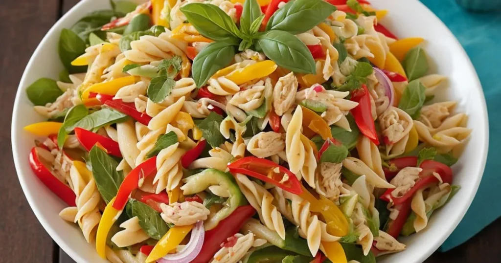 Prepare Thai Pasta Salad recipe, A colorful bowl with fresh vegetables, herbs, chicken, shrimp.