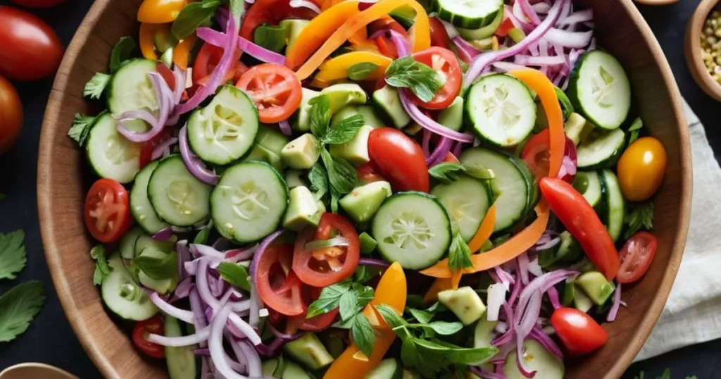 Colorful 5-vegetable salad in a rustic bowl, featuring diced cucumbers, shredded carrots, cherry tomatoes, sliced red onions, and diced bell peppers, drizzled with olive oil and garnished with fresh herbs.