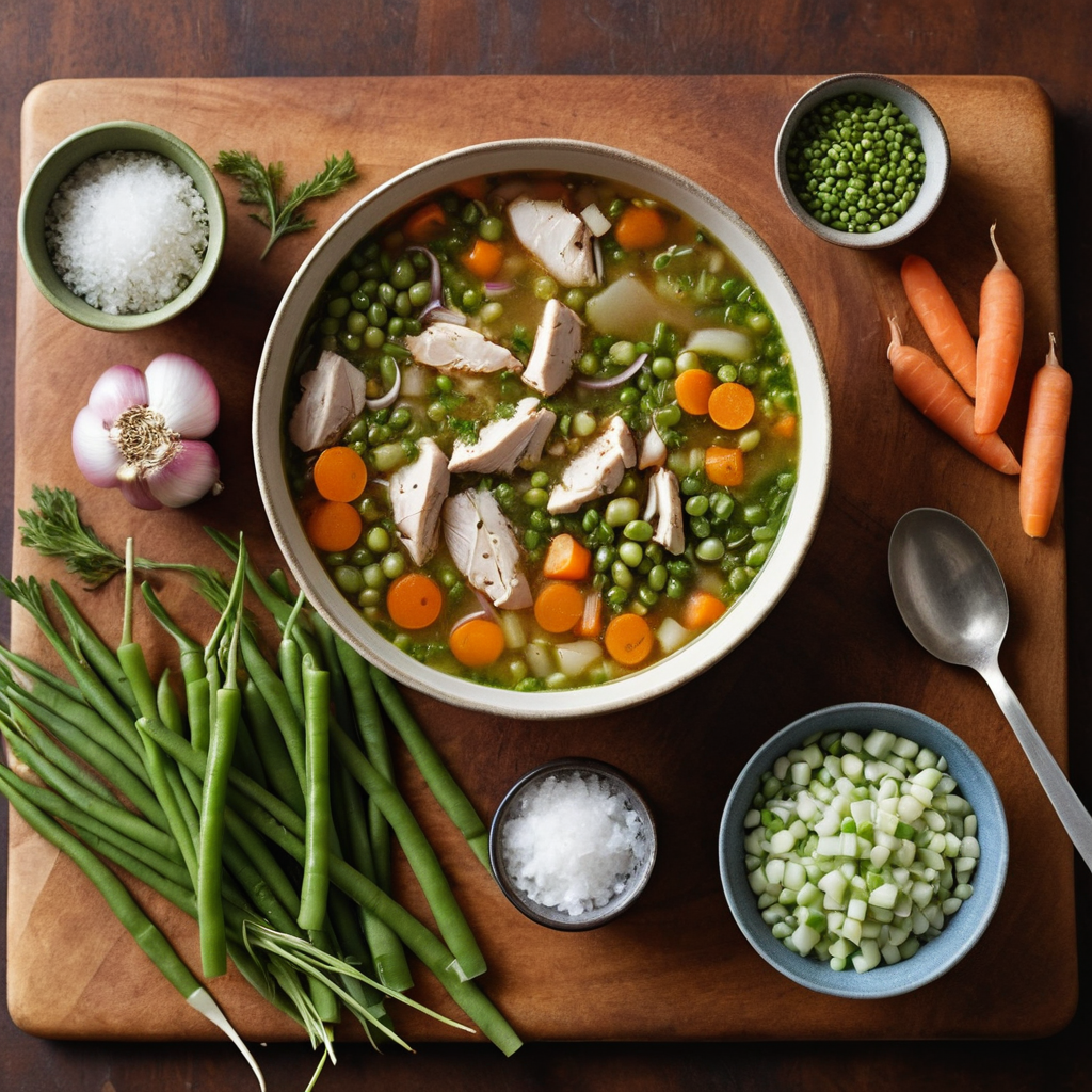 Flat lay of fresh ingredients for chicken and vegetable soup, including raw chicken breast, chopped carrots, peas, green beans, garlic, onion, and herbs, arranged on a rustic wooden background