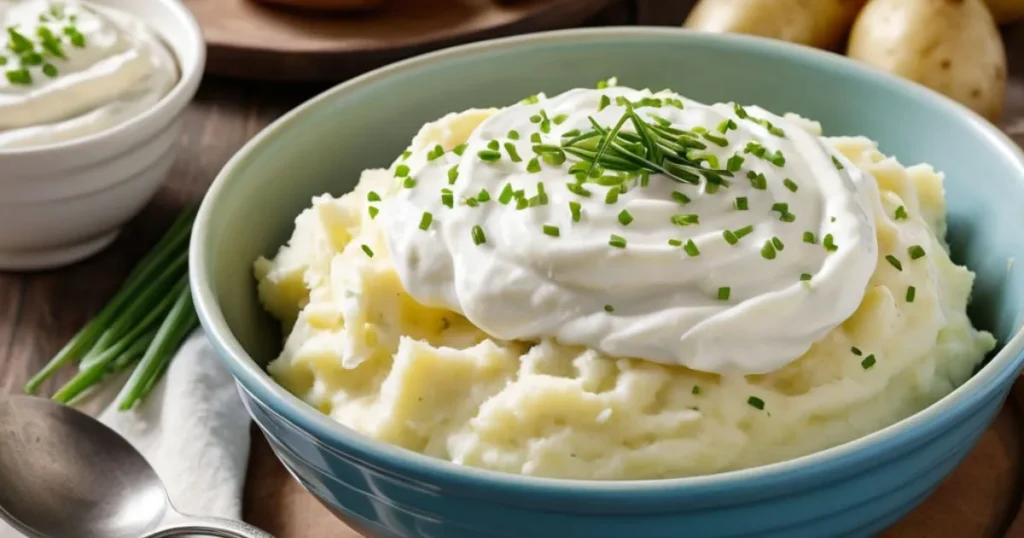 Creamy bowl of mashed potatoes topped with sour cream, garnished with a sprinkle of fresh chives.