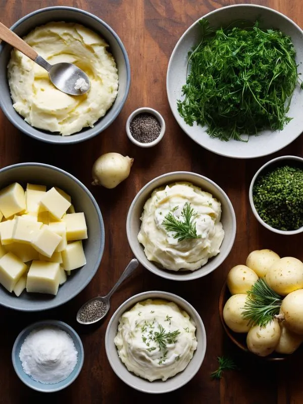 Arrange the ingredients on a rustic wooden surface or a textured cloth. Display the following items prominently:

A mound of peeled and chopped Russet or Yukon Gold potatoes.
A small bowl of sour cream with a spoon.
A stick of unsalted butter, perfectly wrapped or unwrapped.
A glass of whole milk or half-and-half.
Fresh garlic cloves or a small dish of garlic powder.
A small bowl of sea salt.
A small bowl of freshly ground black pepper.