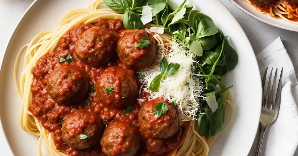 Best 5-star Spaghetti and Meatballs Recipe garnished with parsley, served with rich marinara sauce