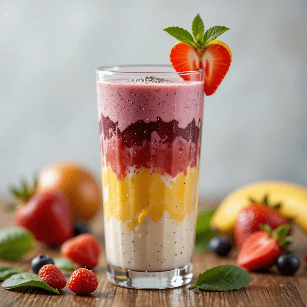 A vibrant, layered cottage cheese smoothie in a tall clear glass, featuring colorful sections of creamy white, bright yellow, deep red, and pink. Garnished with a fresh strawberry slice and mint sprig, it is surrounded by fresh fruits like strawberries, raspberries, blueberries, and a banana, scattered on a wooden table.