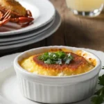 Crab brulee recipe served in individual ramekins with a golden caramelized sugar crust, garnished with fresh herbs and lemon zest, accompanied by a refreshing drink on a rustic wooden table.