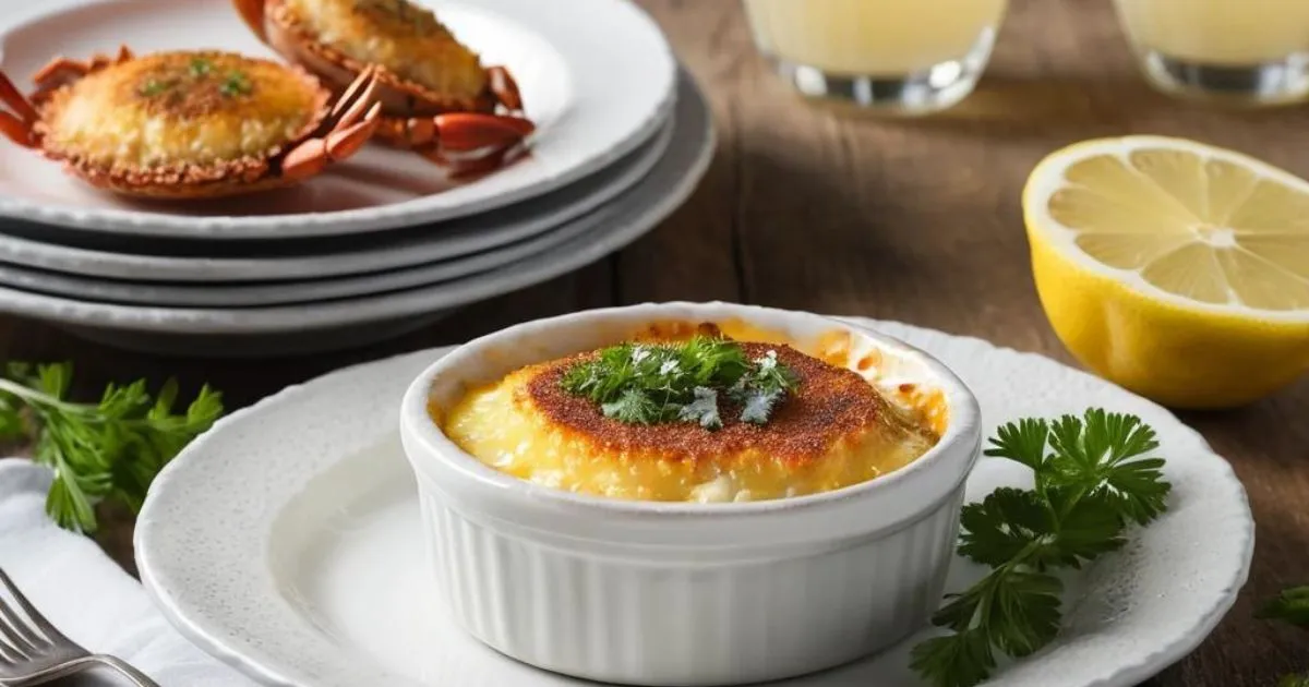 Crab brulee recipe served in individual ramekins with a golden caramelized sugar crust, garnished with fresh herbs and lemon zest, accompanied by a refreshing drink on a rustic wooden table.