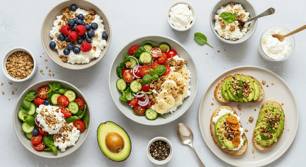 Variety of delicious cottage cheese recipes including a parfait with berries, savory salad with veggies, cottage cheese and avocado toast, and cottage cheese with honey.