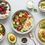 Variety of delicious cottage cheese recipes including a parfait with berries, savory salad with veggies, cottage cheese and avocado toast, and cottage cheese with honey.