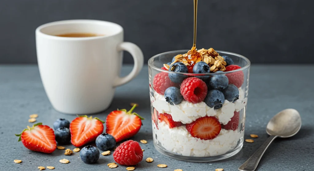 A layered breakfast bowl featuring creamy cottage cheese topped with fresh strawberries, blueberries, and raspberries, garnished with granola and drizzled with honey.