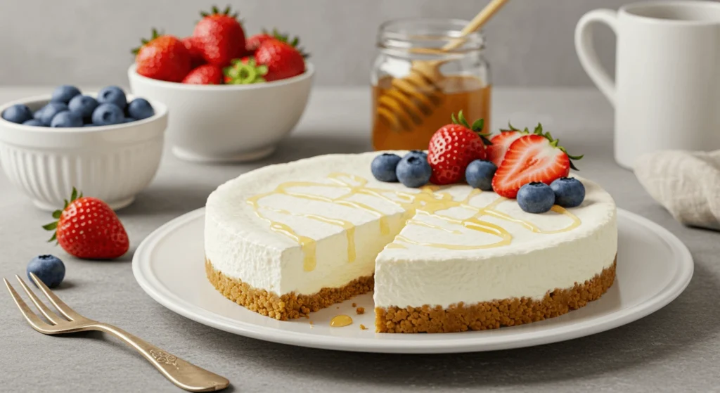 A creamy cottage cheese cheesecake garnished with fresh strawberries and blueberries, drizzled with honey, served on a white plate with a graham cracker crust.