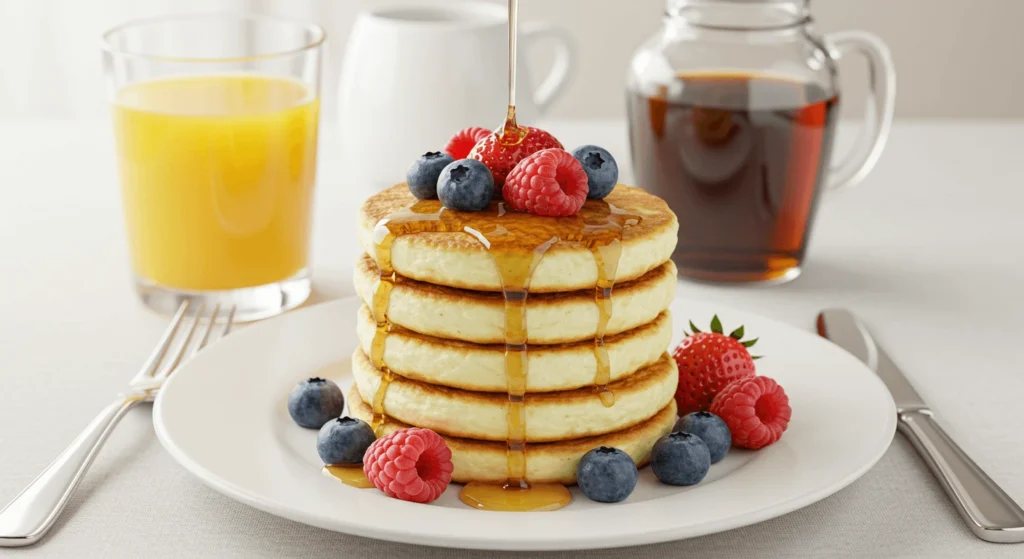 A stack of golden-brown cottage cheese pancakes topped with fresh strawberries, raspberries, and blueberries, drizzled with maple syrup, served on a white plate. A glass of orange juice, a jar of maple syrup, and a white mug are visible in the background.