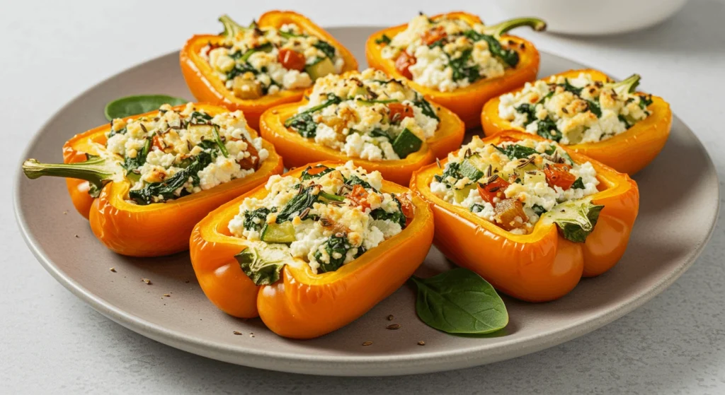 Baked cottage cheese stuffed peppers filled with vegetables like spinach, zucchini, and onions.