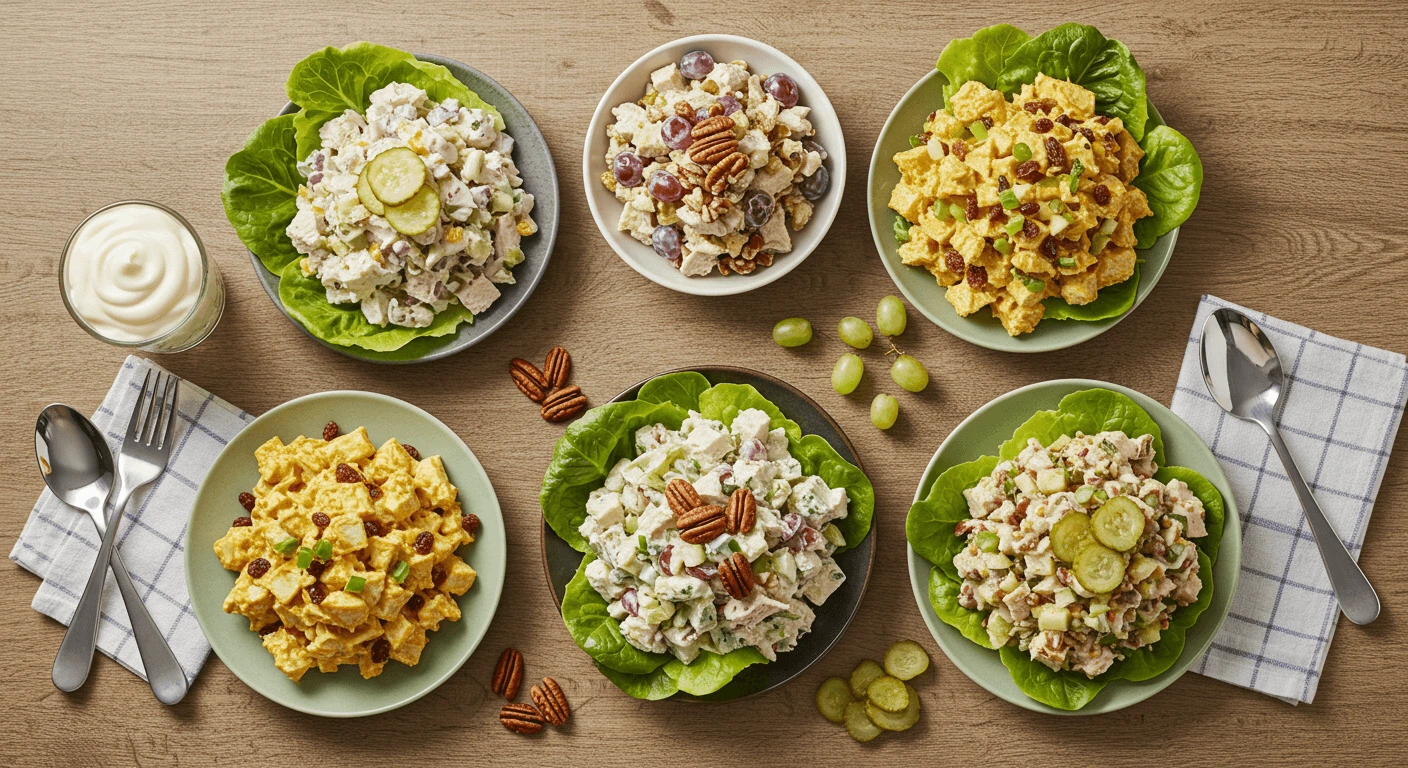 5 different chicken salad Chick Recipes served on plates, including classic, curry, grape and pecan, low-carb, and Southern chicken salad, each garnished with fresh herbs