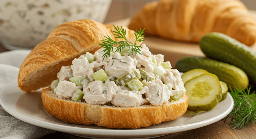 Classic chicken salad with shredded rotisserie chicken, mayonnaise, celery, and dill pickles served on a soft croissant, garnished with fresh dill.