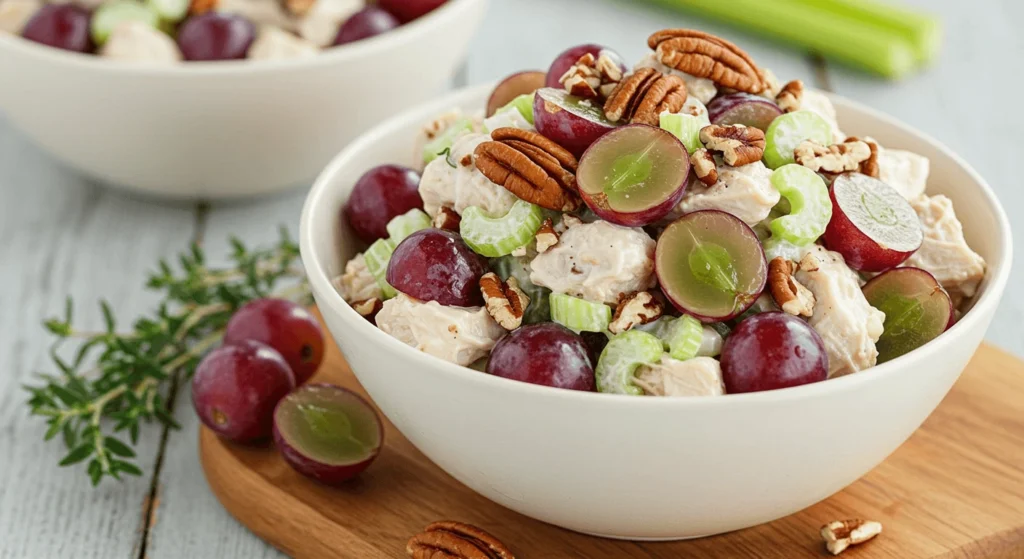 Chicken salad with rotisserie chicken, halved grapes, chopped pecans, and celery, served in a bowl with extra grapes and pecans on top.