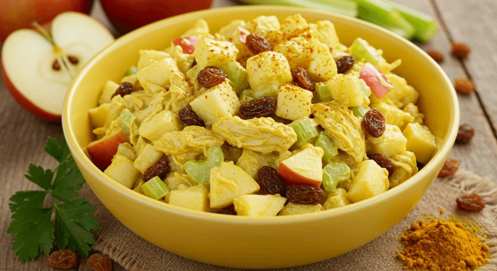 Vibrant curry chicken salad with rotisserie chicken, yellow curry powder, chopped apples, raisins, and celery, served in a bowl with a sprinkle of curry powder and raisins on top.