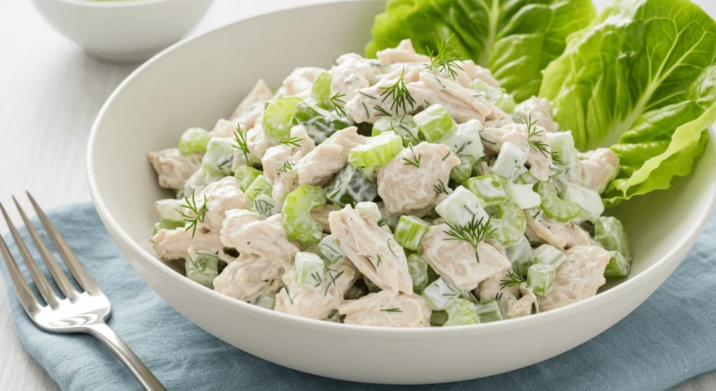 Low-carb chicken salad with shredded rotisserie chicken, Greek yogurt, chopped celery, and fresh herbs, served in a simple bowl with lettuce leaves on the side