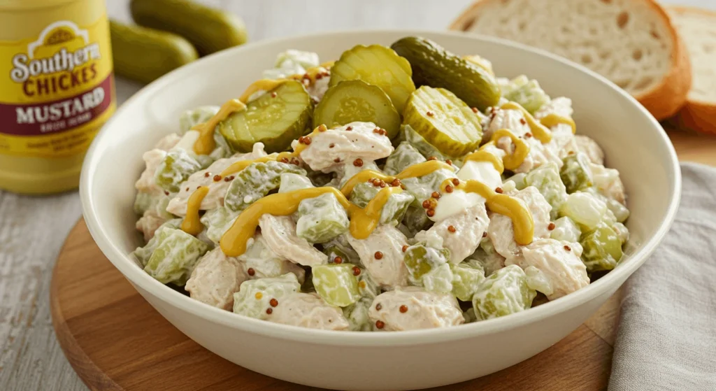 Southern chicken salad with shredded rotisserie chicken, dill pickles, mayonnaise, and mustard, served in a bowl with whole pickles and a drizzle of mustard on top.