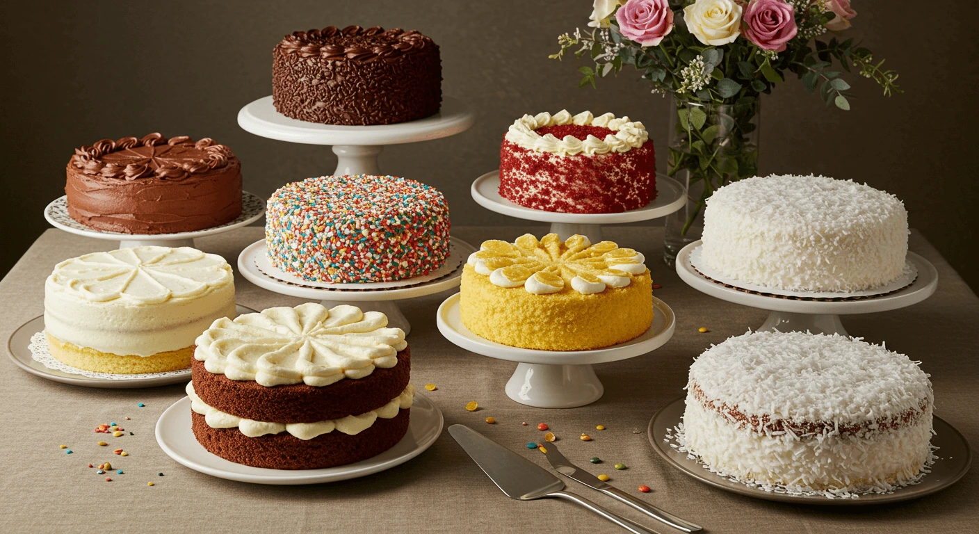 A variety of best cake flavors for birthdays, wedding cake flavors, and special events, including chocolate, vanilla, red velvet, lemon, and coconut cakes with elegant floral arrangements.