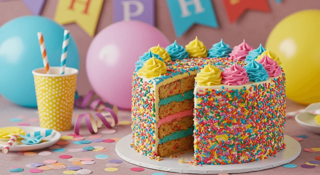 Colorful funfetti cake with sprinkles baked into the batter, topped with vibrant buttercream frosting, set on a festive birthday table.