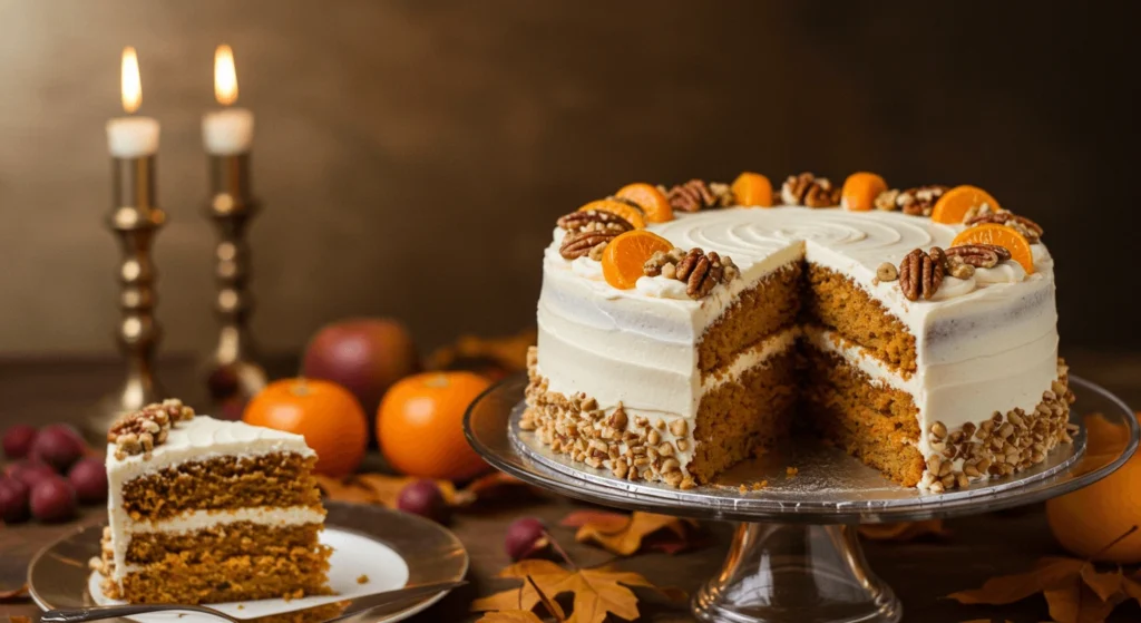 A spiced carrot cake with cream cheese frosting, decorated with toasted nuts and fresh fruit, set in a fall-themed wedding setting