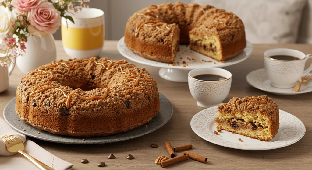 A freshly baked coffee cake with a cinnamon crumb topping, chocolate chips, and nuts, served with coffee or tea at a bridal shower or morning event.