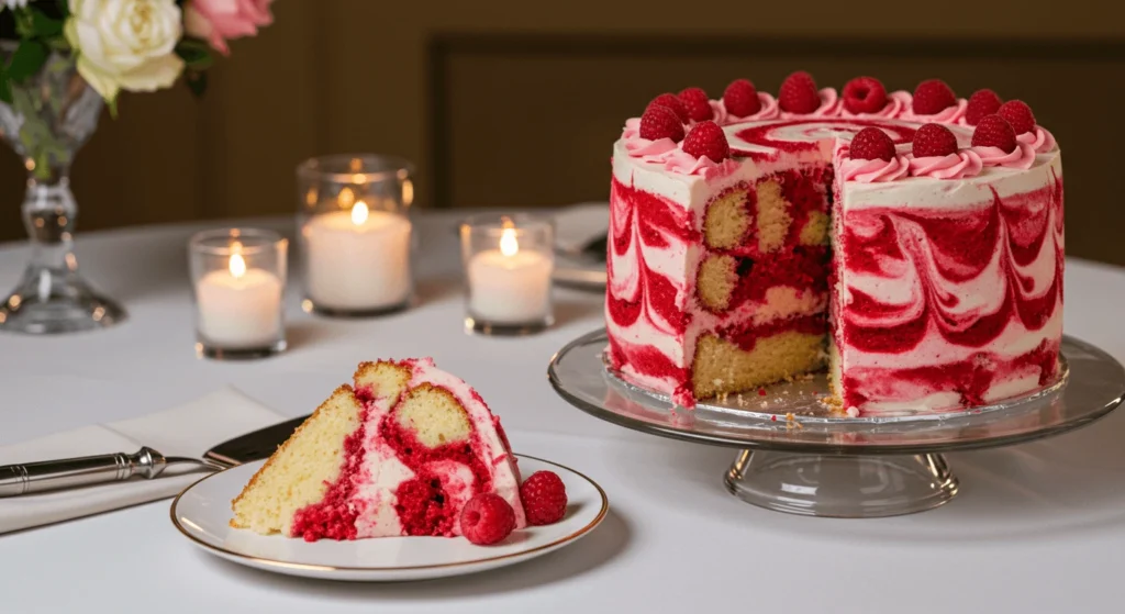 A visually stunning raspberry swirl cake with vibrant red swirls, topped with vanilla buttercream frosting, set on an elegant event table