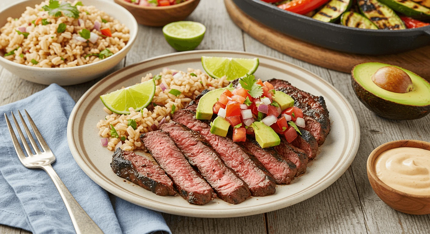 Chipotle steak recipe with grilled steak slices, pico de gallo, avocado, cilantro lime rice, grilled vegetables, and chipotle aioli on a rustic wooden table.