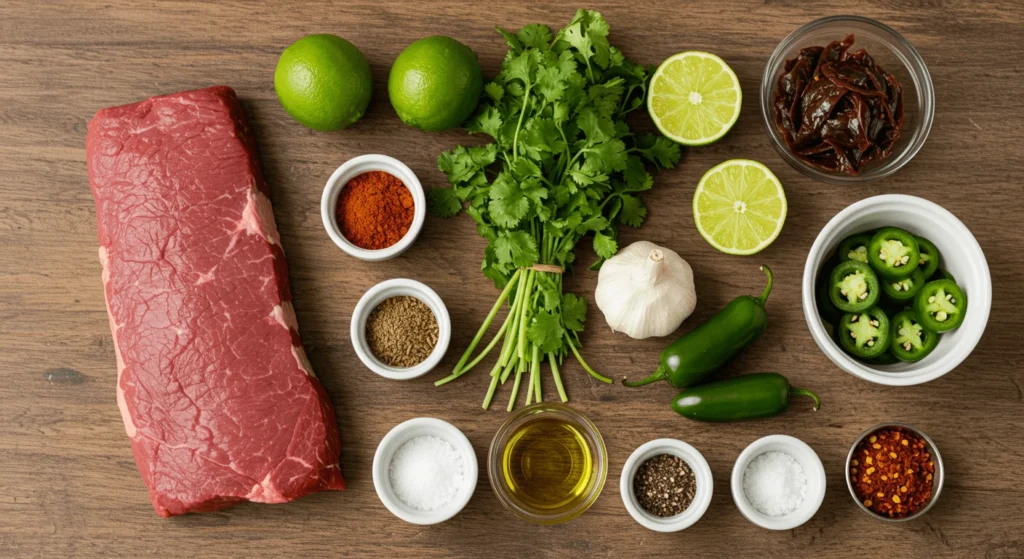 Ingredients for chipotle steak recipe including raw steak, chipotle peppers, garlic, cilantro, lime, cumin, and jalapeños on a rustic wooden table.