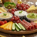 Healthy New Year’s Eve charcuterie board with fresh veggies, lean meats, light cheeses, and non-dairy dips.