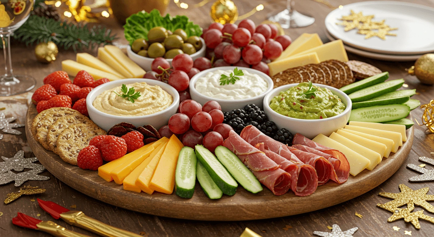 Healthy New Year’s Eve charcuterie board with fresh veggies, lean meats, light cheeses, and non-dairy dips.