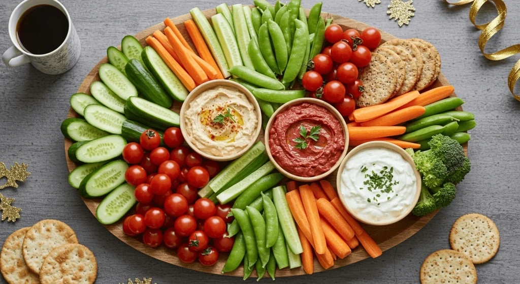 Colorful veggie-based charcuterie board with fresh vegetables, healthy dips, and whole-grain crackers.