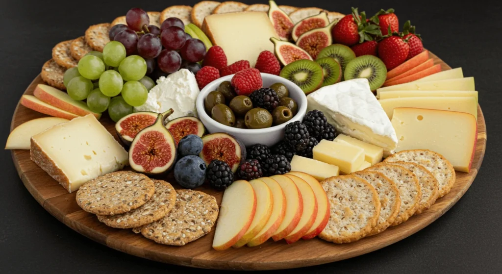 Fruit and cheese charcuterie board with grapes, figs, apple slices, goat cheese, brie, and whole-grain crackers.