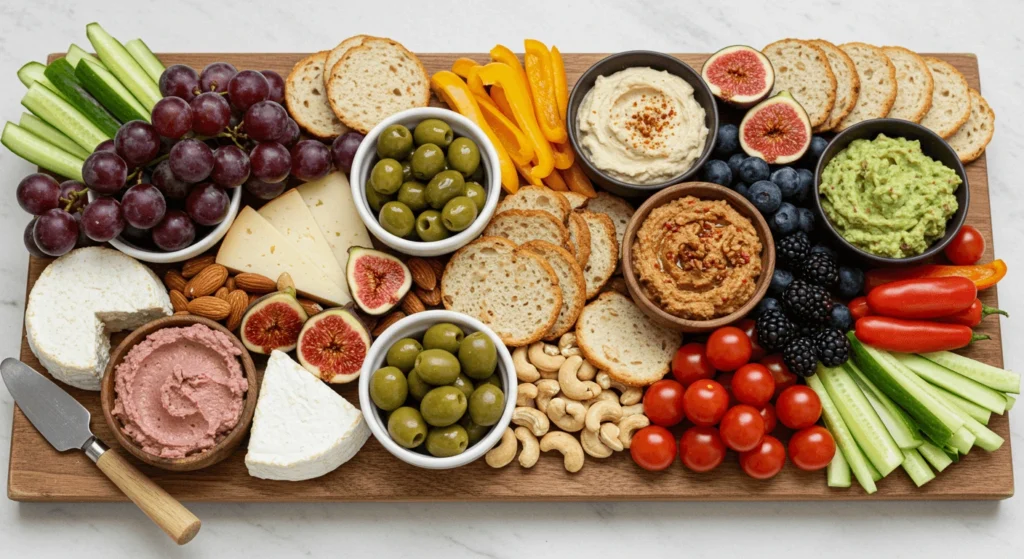 Vegan-friendly plant-based charcuterie board with plant-based cheeses, fruits, veggies, and non-dairy dips.