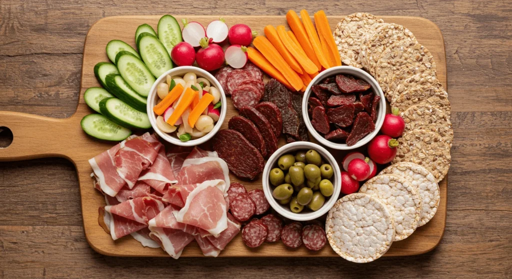 Lean protein charcuterie board with prosciutto, turkey jerky, vegetables, whole-grain crackers, and rice cakes.