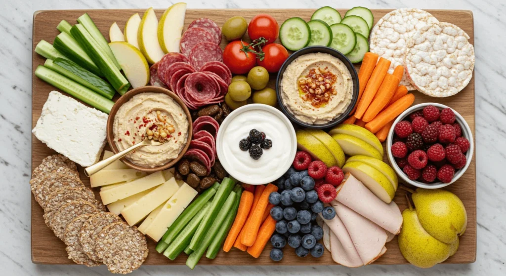 Low-calorie charcuterie board with reduced-fat cheeses, lean meats, fruits, vegetables, and low-fat dips.