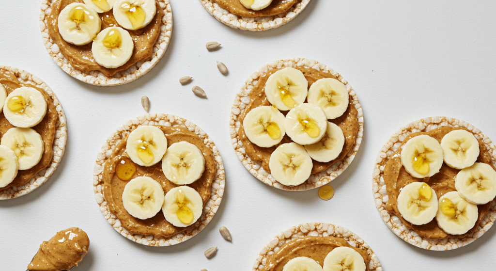 A top-down view of rice cakes spread with creamy peanut butter, topped with banana slices, a drizzle of honey, and sprinkled sunflower seeds on a white background.