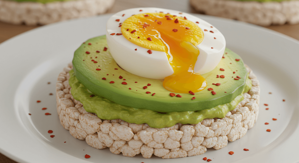  A top-down view of rice cakes spread with creamy avocado, topped with avocado slices and a soft-boiled egg, garnished with a sprinkle of chili flakes on a white background.