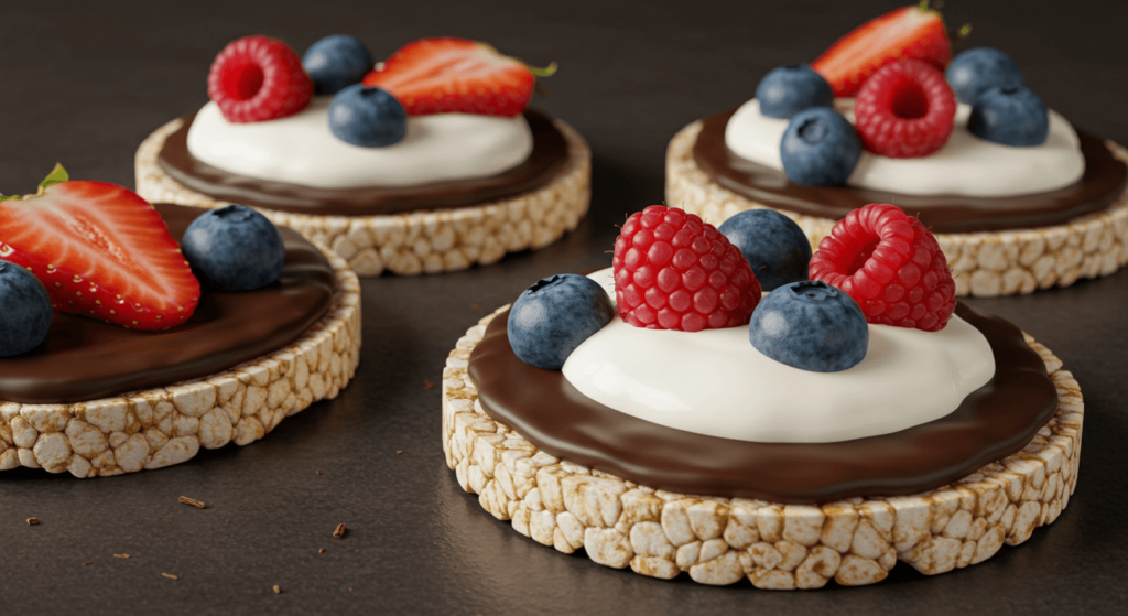 Rice cakes topped with dark chocolate, Greek yogurt, and fresh berries