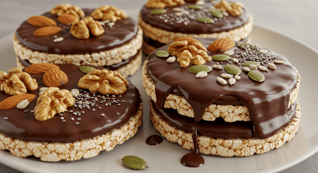 Rice cakes drizzled with melted dark chocolate and topped with nuts and seeds