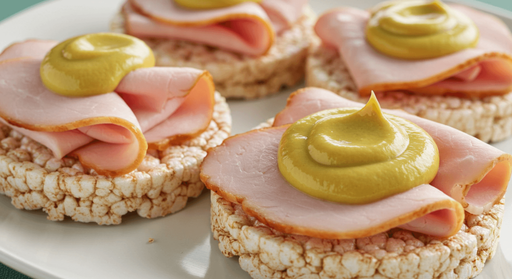 Rice cakes topped with turkey slices and mustard