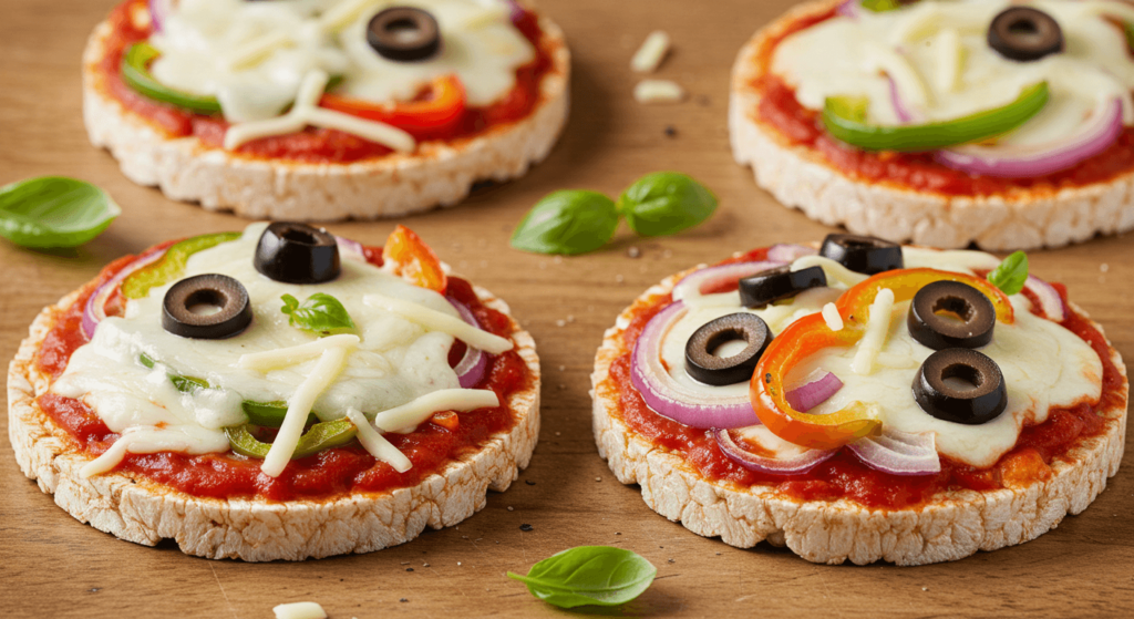 Rice cakes pizza topped with marinara sauce, mozzarella, olives, peppers, and onions