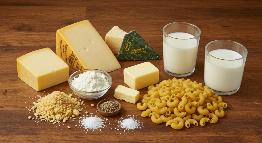 A spread of ingredients for tinis mac and cheese recipe on a wooden surface, including blocks of cheese, a triangle of Gruyère, elbow macaroni, butter, flour, breadcrumbs, salt, pepper, and glasses of milk.