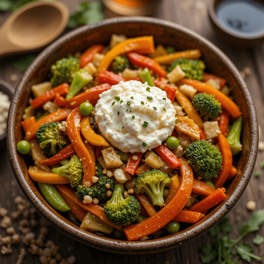 Cottage cheese stir-fry with colorful vegetables including bell peppers, broccoli, carrots, and snap peas.