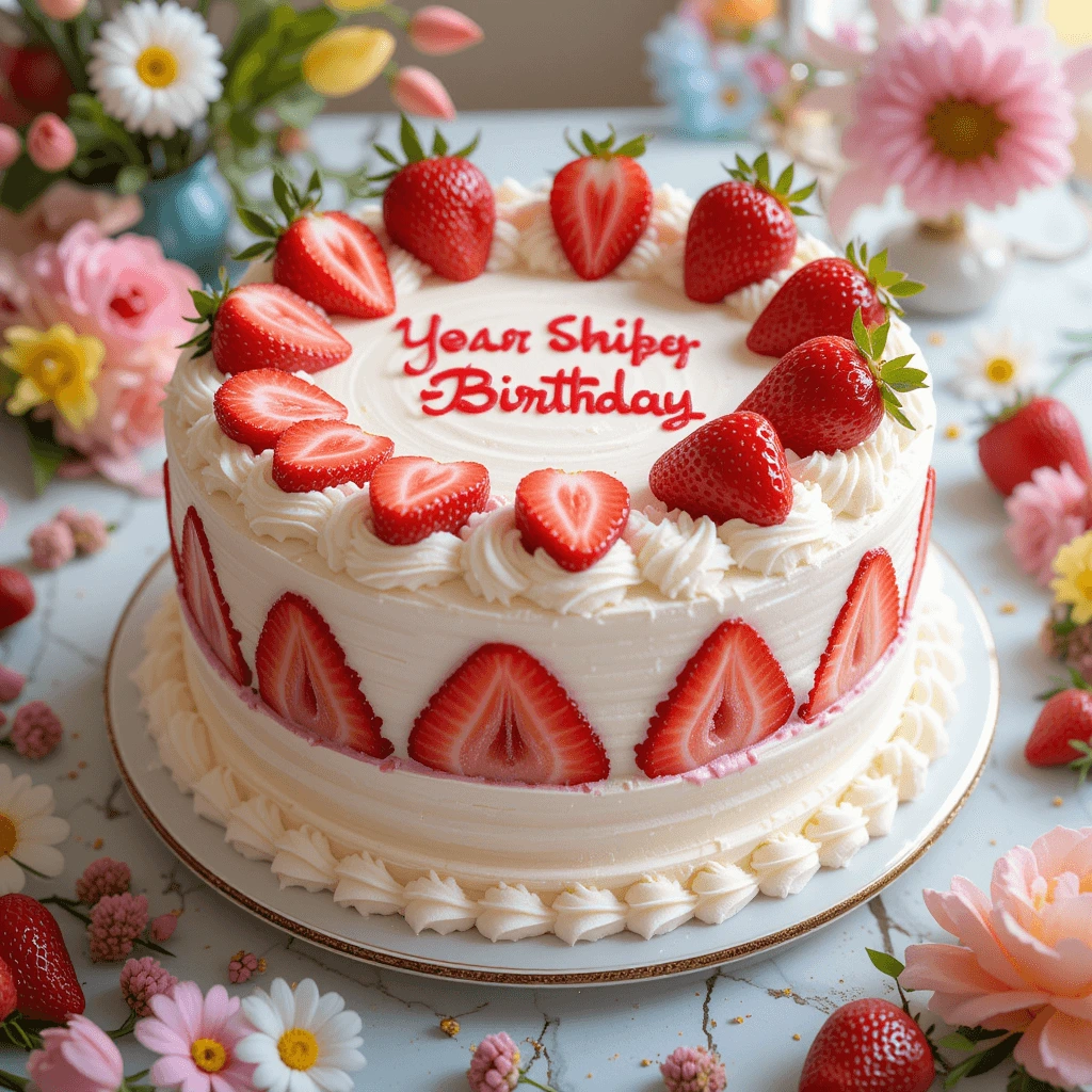 A fresh strawberry cake topped with whipped cream or cream cheese frosting, decorated with fresh strawberry slices and berry compote.