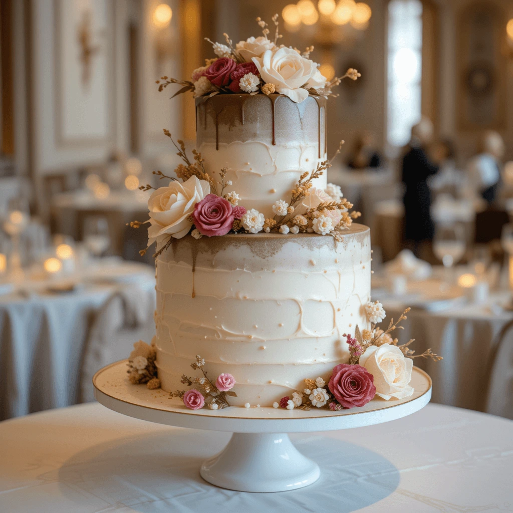 An elegant almond cake with smooth buttercream or chocolate ganache frosting, decorated with fresh flowers and subtle gold accents, set in a formal wedding setting